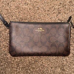 Coach Brown Logo Zip Wristlet with Gold Hardware